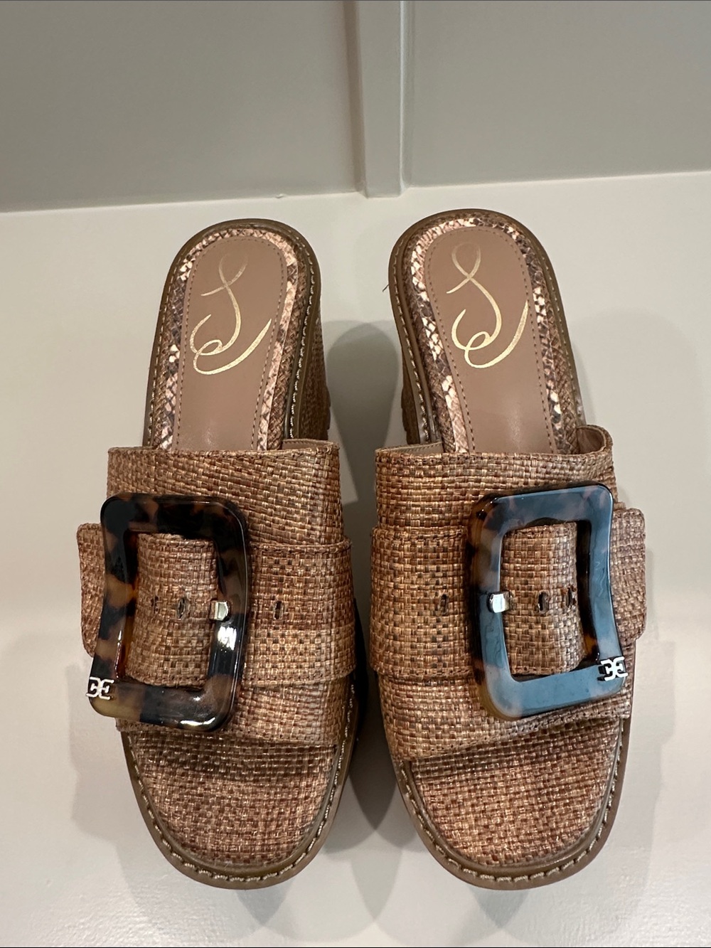 Sam Edelman Brown Woven Slide Mules with Tortoiseshell Buckle